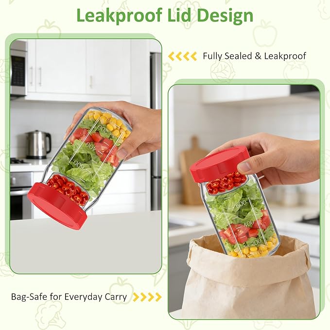 4Pack Glass Salad Jars with Lids, 32oz Salads Mason Jars with Wet/Dry Separation Cup, Meal Prep Salad Containers for Lunch, Leakproof Wide Mouth Food Storage Containers, BPA-Free Reusable (Red)
