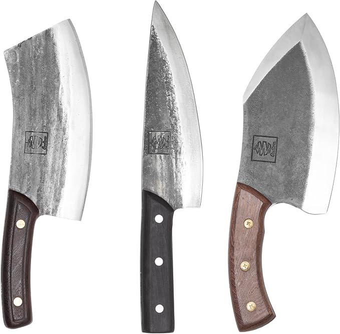 COOLINA Knife Set ??Chef, Tungsten & Lixy Knives Bundle ??3-Piece Hand-Forged Carbon Steel Kitchen & BBQ Knives with Wooden Handles ??Full Tang Butcher, Cleaver & Cooking Knife Set