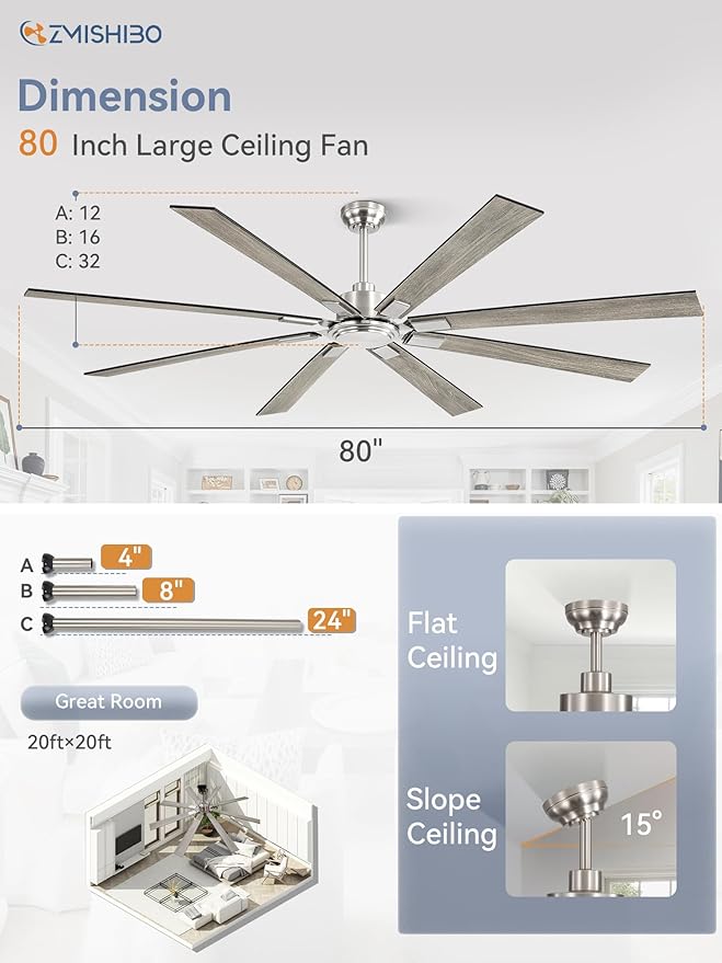 80 Inch Ceiling Fan No Light with Remote Control, 8 Blades Quiet DC Reversible Motor, 6-Speed, Timer, Brushed Nickel Finish, Indoor Outdoor Ceiling Fans for Patios, Living Room, Garage