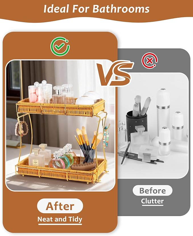 Bathroom Organizer Countertop Perfume Organizer Makeup Organizer Cosmetics Storage Display Rack Vanity Tray, Handwoven Imitation Rattan Tray Perfume Holder for Dresser, Kitchen, Counter (Gold)