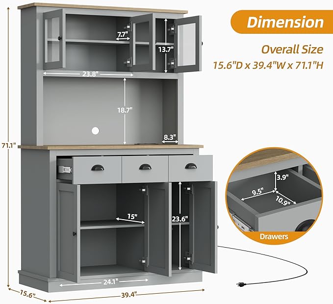 71" Kitchen Hutch with Charging Station, Tall Pantry Storage Cabinet with Microwave Stand, Adjustable Shelves, Slide Drawers, Large Buffet Pantry Cabinet for Kitchen, Dining Room, Grey