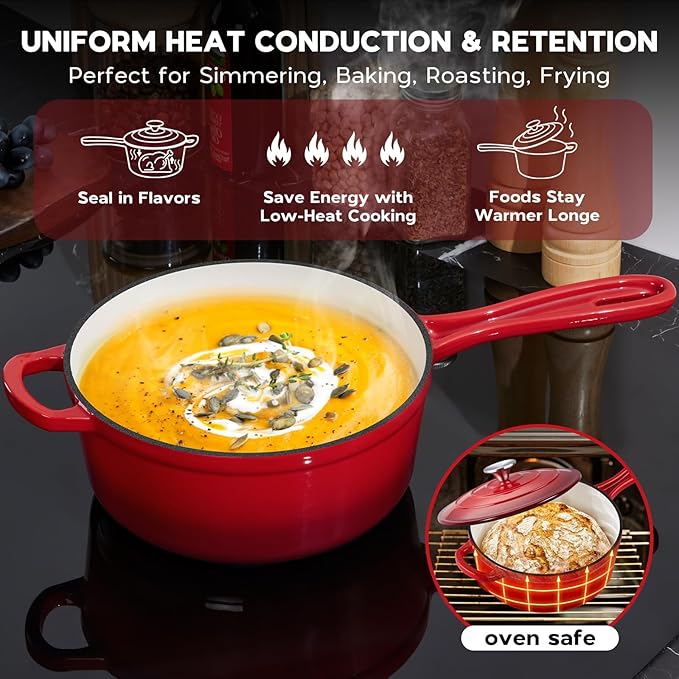 Onader Cast Iron Sauce Pan Pot, 3QT Small Saucepan with Lid, Enameled Cast Iron Dutch Oven Cooking Kitchen Pot, Nonstick & Heavy Duty ??Red