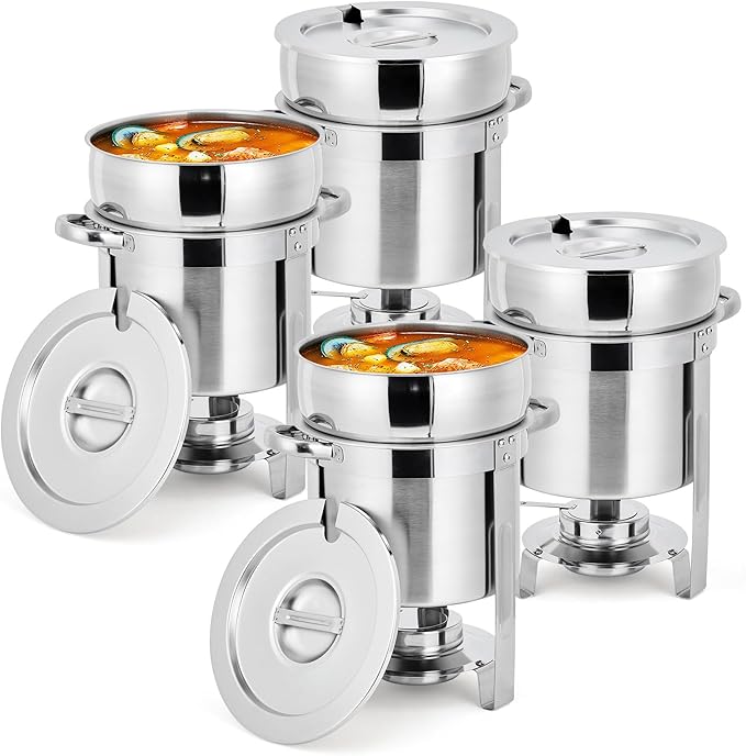 Garvee 11QT Commercial-Grade Soup Chafer Set of 4, Stainless Steel Round Food Warmers with Pots, Notched Lids & Fuel Holders, Commercial Buffet Equipment for Large Banquet Service & Buffet Catering