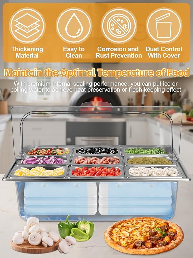 Lanstics Pizza Topping Station Stainless Steel Spice Organizer Salad Bar Buffet Station with Spoons Ice Boxes Buffet Containers Set for Sauce Jam Ingredient Kitchen Restaurant Pantry