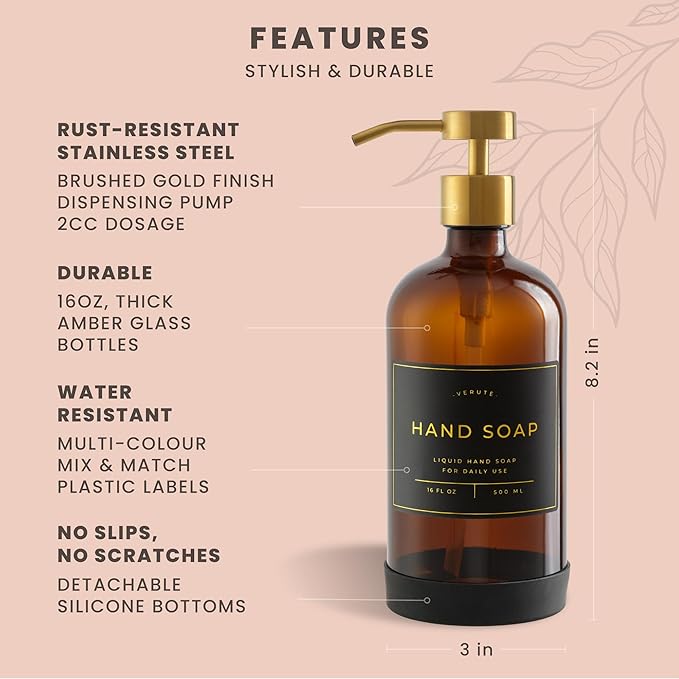 Hand and Dish Soap Dispenser for Kitchen and Bathroom, Set of 2 16 Oz Glass Bottles, Stainless Steel Pumps, Non-Slip Silicone Base, 27 Waterproof Labels (Amber Bottle/Brushed Gold Pump)