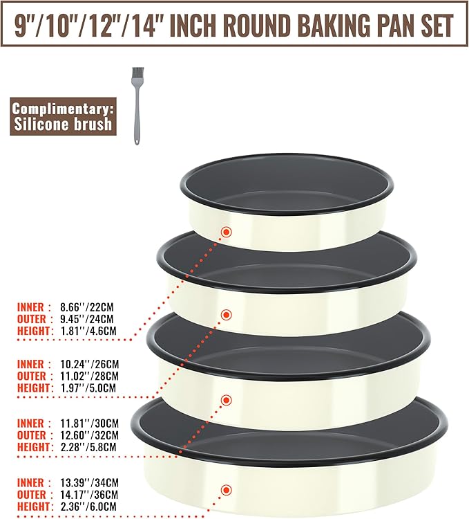 Roasting Pans Set Round Baking Dish 4-Pack 9/10/12/14 Inch Enamel Non-Stick Large Bakeware for Cake Pizza Turkey Roaster, Oven & Dishwasher Safe Christmas Gift for Ladies Cookware