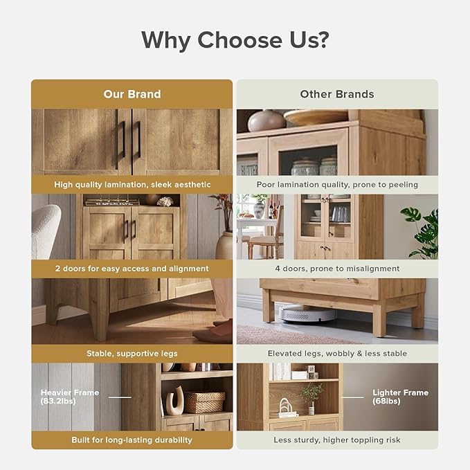 mopio Lauren 77.4" Tall Arched Cabinet, The Original 5-Tier Bookcase with Doors and Adjustable Shelves, Arch Bookshelf with Storage, Wooden Storage Cabinet for Living Room and Kitchen Pantry (Oak)