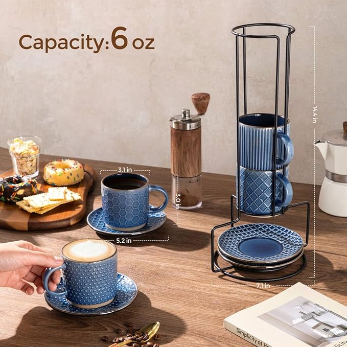 GBhome 6OZ Stackable Coffee Mugs with Stand and Saucer, Ceramic Coffee Mugs Set of 4 with Texture Patterns for Man,Woman,Dad,Mom, Modern Coffee Cups for Latte/Espresso. Dishwasher&Microwave Safe, Blue