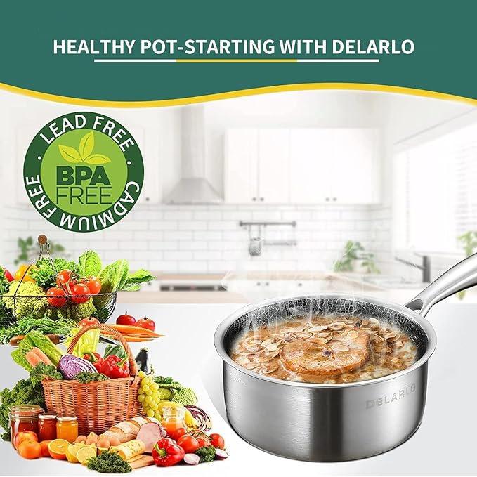 DELARLO Full Clad Tri-Ply Stainless Steel Saucepan 2.5QT, All Stove Safe 600??Lids 300??, Medium Sauce Pan with Lid, Non Stick Sauce Pan, Fast & Even Heat, Steel Pot with Lid, Energy Saving,2-1/2 QT