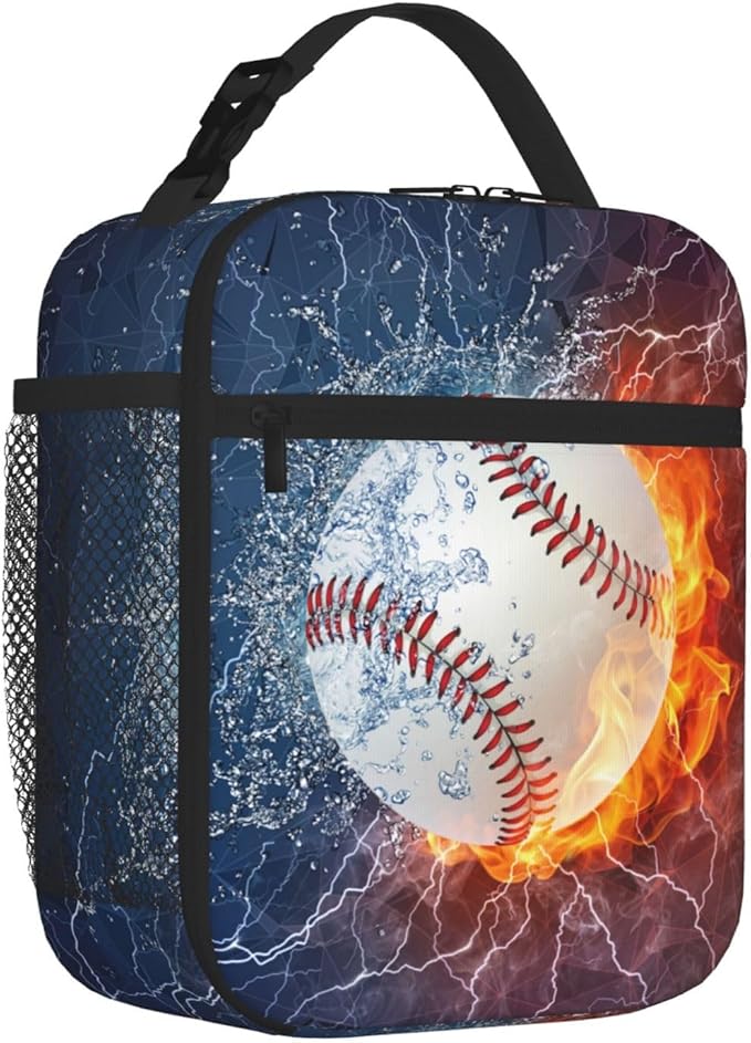 YIJIUWKIS Sports-Themed Baseball Lunch Box for Boys Girls Kids Teens Adults Reusable Insulated Lunch Bag with Fire & Water Printed Ice Packs Containers Tote Handbag