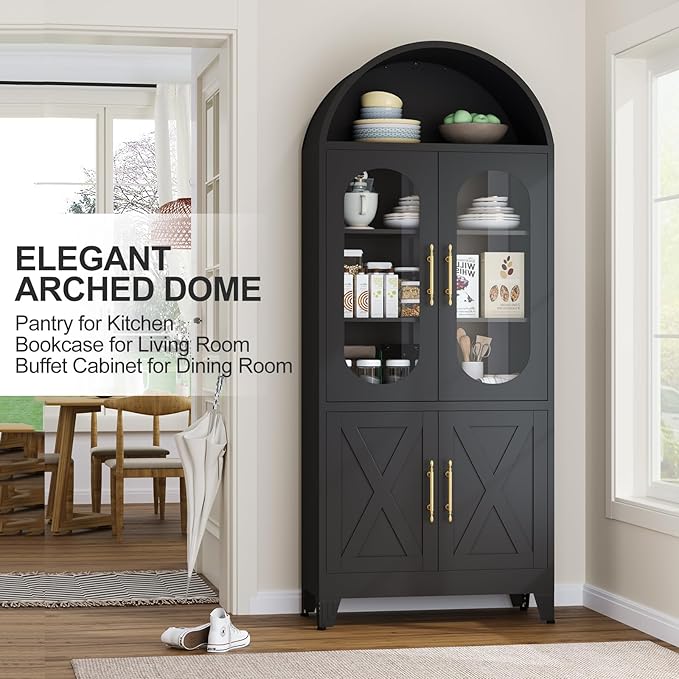 73" H Metal Tall Arched Kitchen Pantry Cabinet, Modern Farmhouse China Storage Cabinets with Glass Door and Adjustable Shelves, Versatile Cupboard for Kitchen, Dining Room, Bathroom (Black)