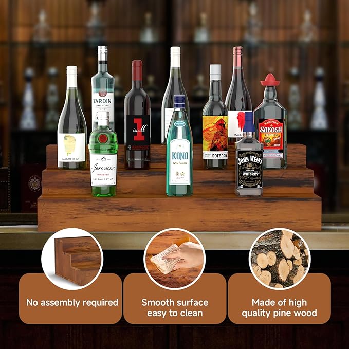 2 Pack Liquor Bottle Stand - 3 Tier Liquor Bar Bottle Display Shelf, Holds 36 Bottles, Real Wood, Easy to Clean, No Installation Required - 24 Inch Each (Dark Walnut)