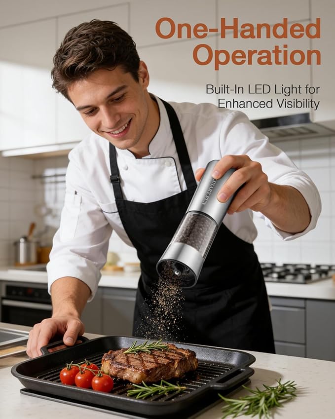 Electric Salt and Pepper Grinder Set, Gravity Operated, USB-C Rechargeable & Charging Base, Stainless Steel, Dual LED Guiding Lights, Comfortable Grip, Adjustable Coarseness, Perfect for Kitchen
