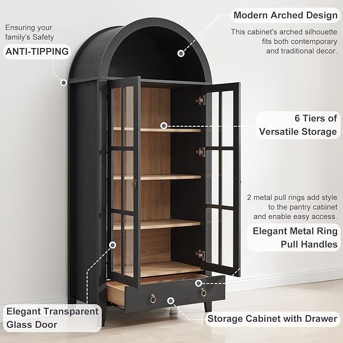 71" Tall Arched Cabinet, Modern Farmhouse Wooden Display Cabinet with Drawer and Glass Doors, 6 Tier Bookshelf w/Adjustable Shelves for Living Room, Office, Black