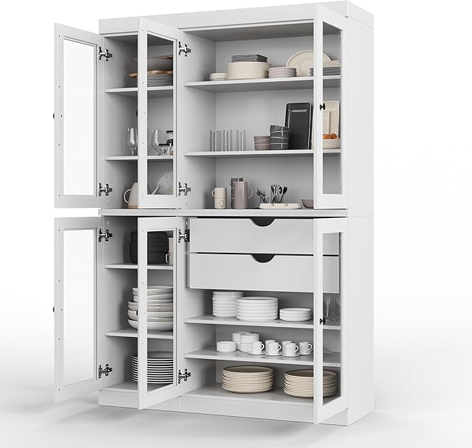 Palace Imports 100% Solid Wood 48.5" Pantry China Cabinet with Clear Glass Doors, 2-Drawers and Adjustable Shelves (White)