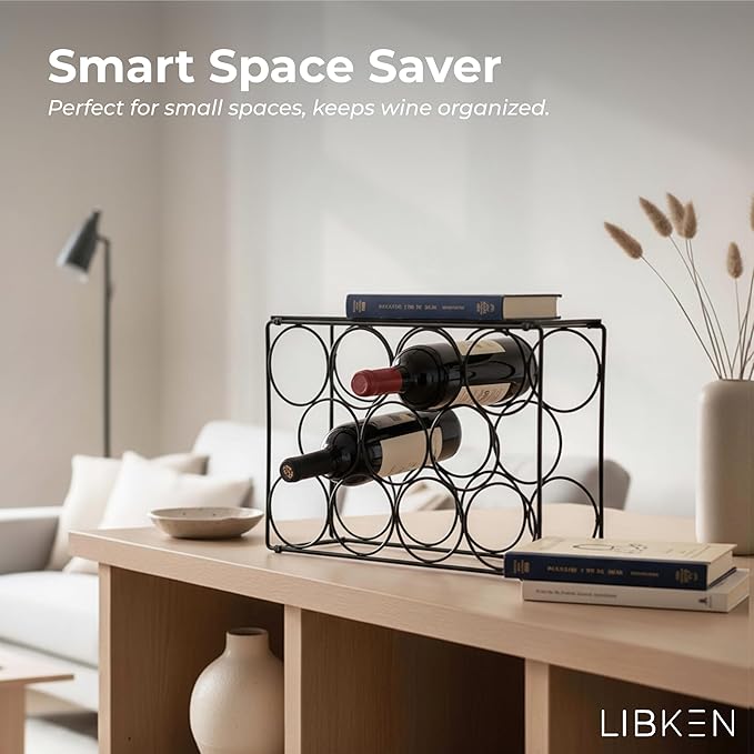 Countertop Wine Rack ??Black Powder Coated Metal Wine Holder, Minimal Scandinavian Design ??Modern Geometric Small Wine Rack for Countertop, Cabinet, or Tabletop Storage, Fits 11 Bottles