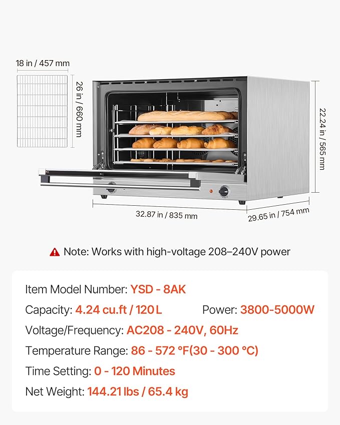 VEVOR Commercial Convection Oven, 4.24 cu.ft Countertop Oven for Full-Size Pans, Electric Convection Ovens with 4 Racks, 360째 Hot Air Circulation, for Bakery, Restaurant & Pizza Shop (208-240V 5000W)