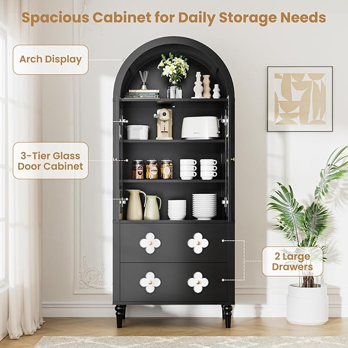 MOPHOTO Arched Cabinet, 71 in Arched Cabinet with Glass Doors, Modern Versatile Pantry Storage Cabinet with 2 Large Drawers for Living Room, Kitchen, Dining Room