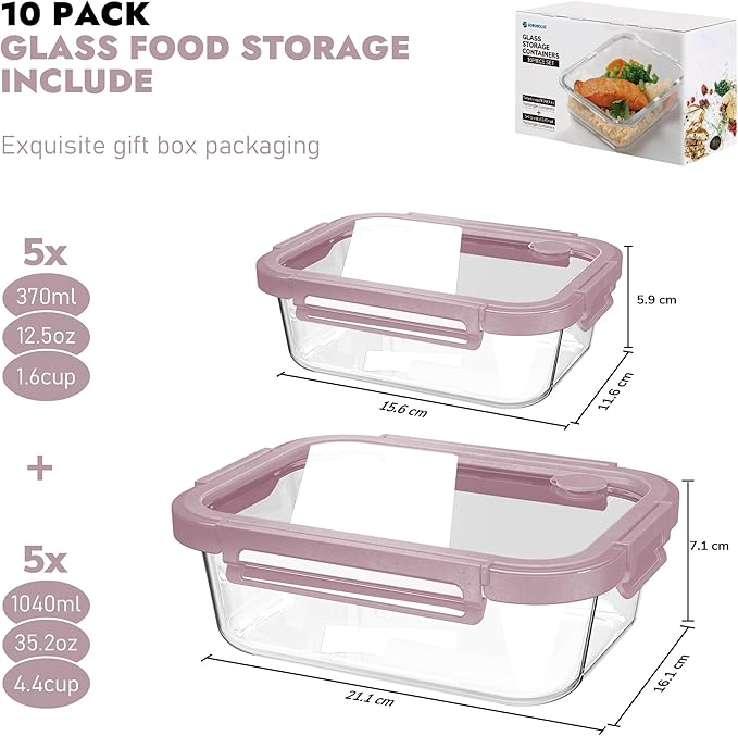 10-Pack Glass Food Storage Containers with Tempered Lids ??Borosilicate, Airtight, Oven-Safe (-4째F~950째F), BPA-Free, 4.4 & 1.6 Cup, Leak-Proof, Dishwasher Safe (Pink)