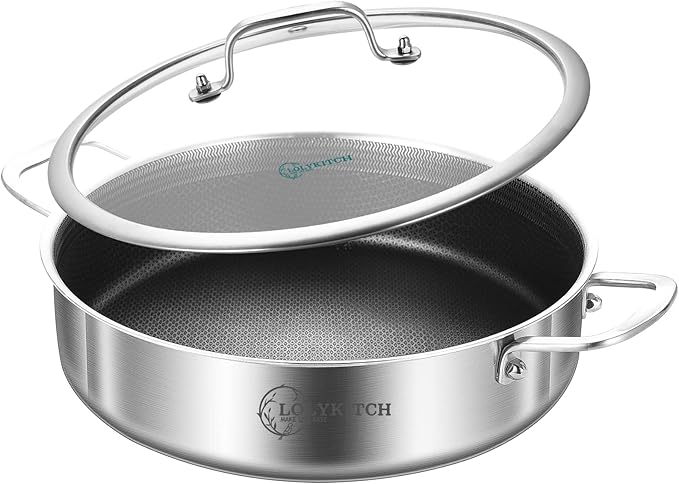 LOLYKITCH Tri-Ply Stainless Steel 10 Inch Non-Stick Saut챕 Pan with Lid,Induction Deep Cooking Pan, Dishwasher and Oven Safe