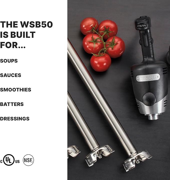 Waring Commerical WSB50 Big Stix Heavy Duty Immersion Blender, 12" Removable Shaft, 1 HP/700 Watt Variable Speed Motor, 120V, 5-15 Phase Plug,Black/Silver
