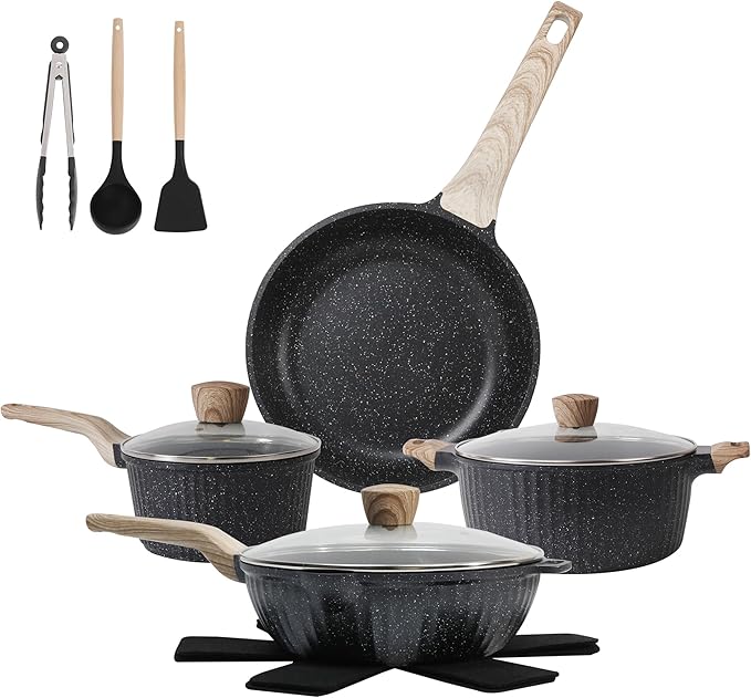 Pots and Pans Set Non Stick, 13Pcs Kitchen Cookware Sets, Granite Stone Induction Cookware Non Stick Cooking Set w/Frying Pans, Saucepans, Saut챕 Pan (PFOA Free), Black