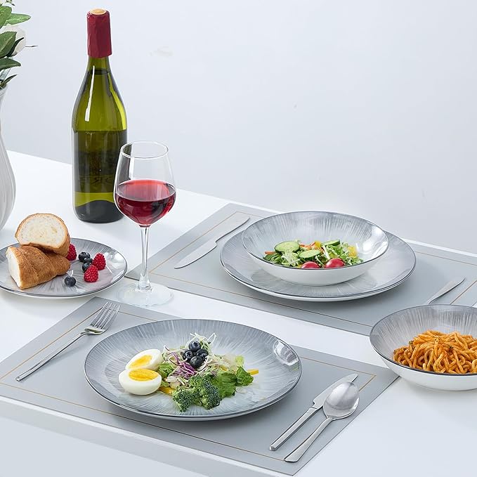 Bestone Porcelain Dinnerware Sets Service for 4, 12 pcs Hand drawn Plates and Bowls Sets, Handmade Ceramic Dish Set, Chip Resistant Modern Plate Set, Dishwasher/Microwave Safe竊똆ray