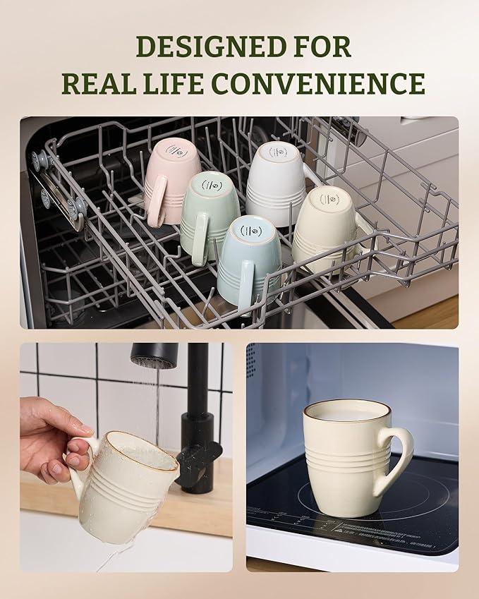 famiware Jupiter Coffee Mugs Set of 6, 14 OZ Coffee Mug, Microwave and Dishwasher Safe, Coffee Cups with Handle for Coffee, Tea, Cocoa, Milk, Vanilla White