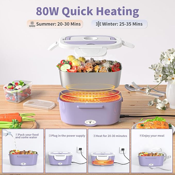 Vingud Electric Lunch Box for Adults, Heated Lunch Box Food Warmer, 80W Portable Heating Lunchbox for Women/Work/Car/Truck, 12/24/110V Lonchera El챕ctrica Port찼til Christmas White Elephant Gifts,Violet