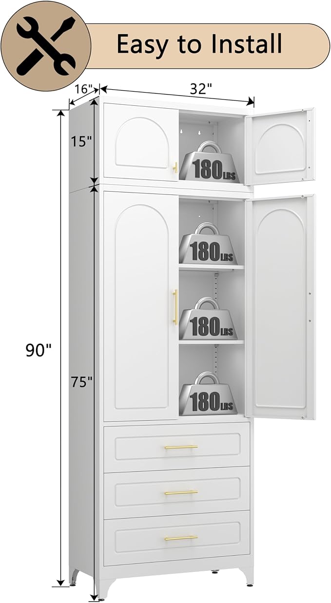 90??Tall Kitchen Pantry Cabinet,Metal Storage Cabinet with Doors and Adjustable Shelves,Modern Kitchen Hutch Cabinets,Freestanding Cupboard for Dining Room