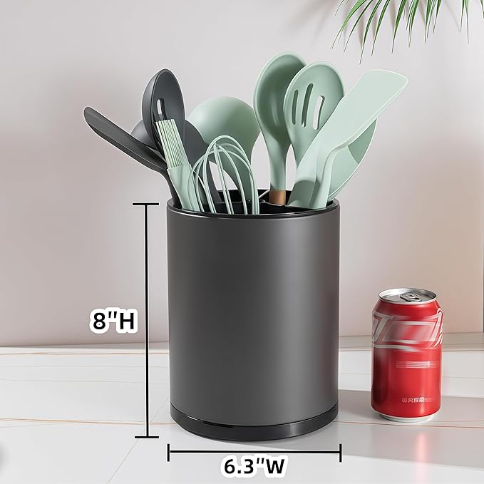 Kitchen Utensil Holder Extra Large 360째Rotating For Counter Organizer Stainless Steel Storage Cooking Silverware Caddy 3 Compartment Flatware Spoon Spatula Tool Cutlery Container(Grey)