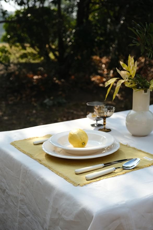 Noalumea 100% Linen Placemats Set of 4 ??Thick Mustard Yellow Table Mats with Hand-Frayed Edges, Machine Washable, Elegant Dining Table Decor for Everyday Meals & Holiday Gatherings, 14 x 19 Inch