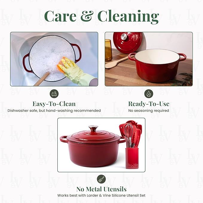Larder & Vine Enameled Cast Iron Dutch Oven Pot with Lid | Bread Baking | Compatible on All Cooktops & Oven Safe to 500째 F | Great for Sourdough Bread | Cabernet
