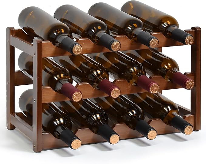 Wine Rack, 12 Bottles 3-Tier Free Standing Wine Racks, Wine Rack Countertop Holder Storage Shelf for Kitchen Cabinet Dining Room Bar (Brown)