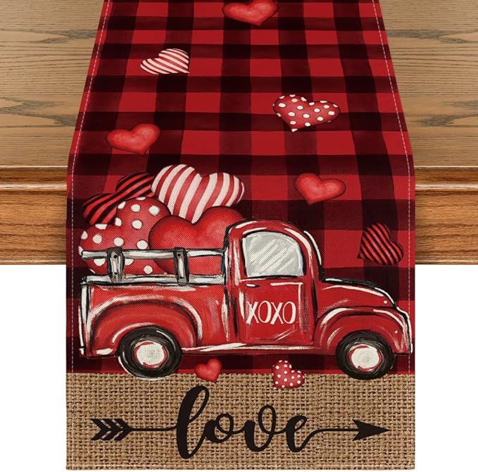 Artoid Mode Black Red Buffalo Plaid Hearts Truck Love Valentine's Day Table Runner, Kitchen Dining Table Decoration for Home Party Decor 13x72 Inch