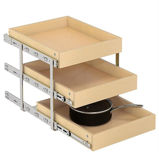 WelFurGeer 3-Tier Pull Out Cabinet Organizer with Soft Close, Heavy-Duty Slide Out Drawers for Cabinets, Pull Out Drawers for Cabinets, Bottom Mount Shelves for Kitchen, Pantry, Bathroom