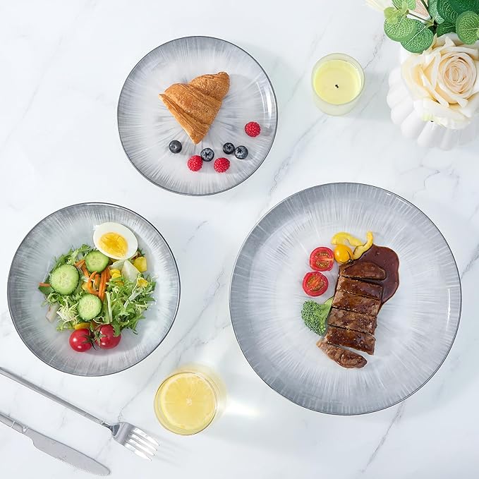 Bestone Porcelain Dinnerware Sets Service for 4, 12 pcs Hand drawn Plates and Bowls Sets, Handmade Ceramic Dish Set, Chip Resistant Modern Plate Set, Dishwasher/Microwave Safe竊똆ray