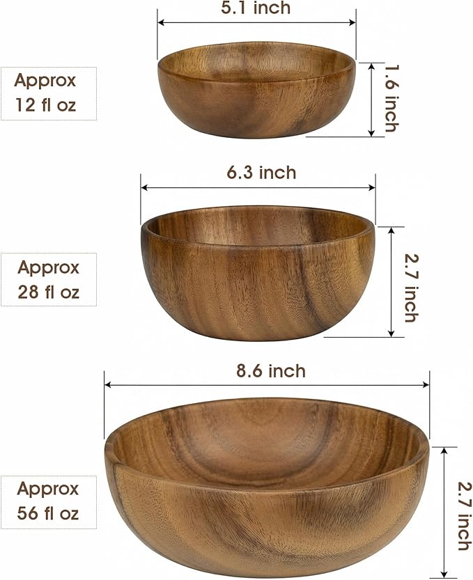 Acacia Wood Salad Bowl Set, 3-Piece Natural Solid Wood Serving Bowls, Handcrafted & Hand-Polished, Wooden Salad Bowls for Kitchen & Dining for Pasta, Yogurt, Fruit, Snacks & Gift Giving