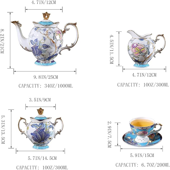 ACMLIFE Tea Sets for Adults for 6 - Tea Pot Sets with Cups Blue, Tea Sets for Women Tea Party, Fine Bone China 24K Gold, Vintage British English Porcelain Afternoon Service Sets for Luxury Gift