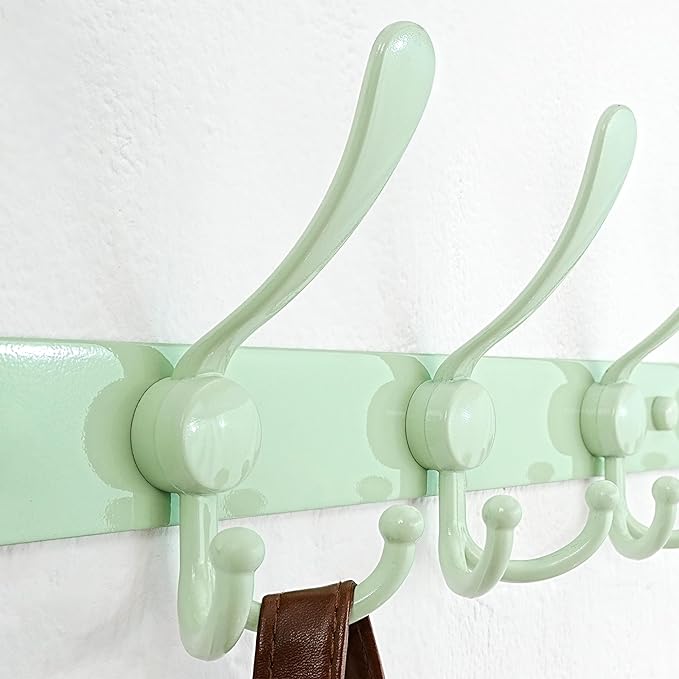 Dseap Coat Rack Wall Mount - 29.5??Long 8-Tri-Hooks Heavy Duty Coat Hanger Rail Wall Hooks for Hanging Coats Hats Clothing Clothes Purse Mudroom Entryway, Green, Pack of 2