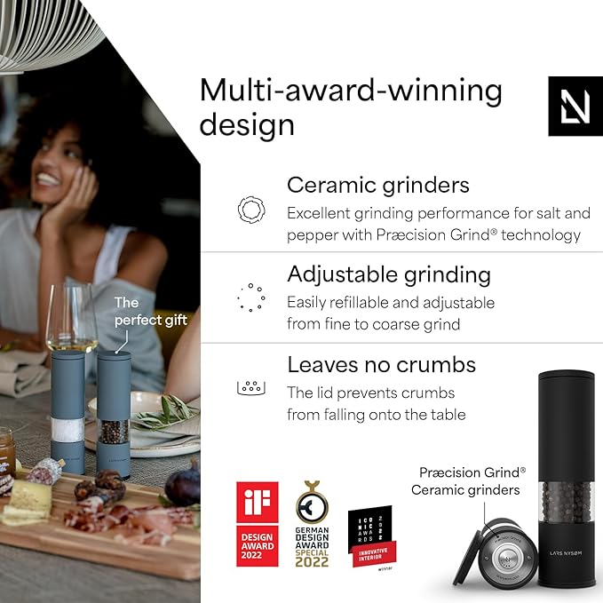 LARS NYS횠M Salt and Pepper Grinder Set Manual, Stainless Steel Salt and Pepper Mills with Adjustable Ceramic Grinder I Design Spice Shakers (Carbon Black)