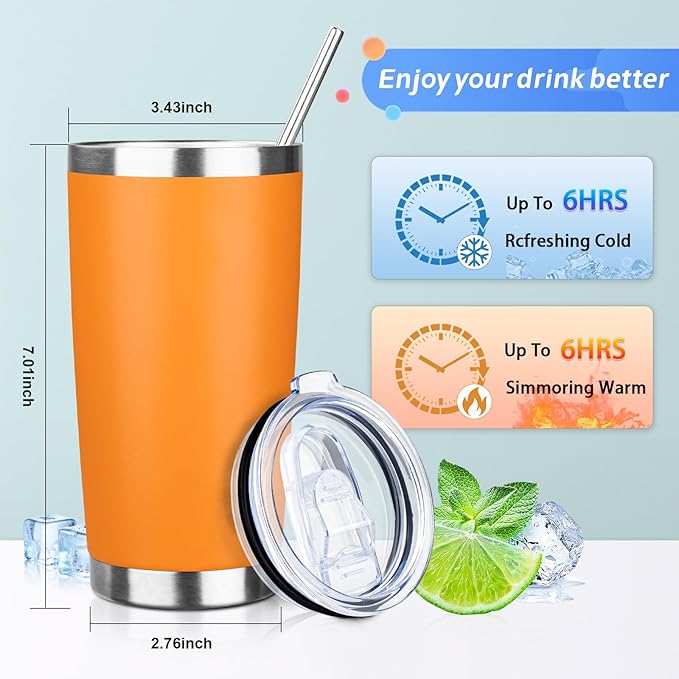 ATIKZHE 20oz Tumbler with Straw and Brush, Stainless Steel Vacuum Insulated tumbler, Double Wall Insulated Coffee Tumbler for Outdoor, Home, Travel,Office (orange,1pcs)