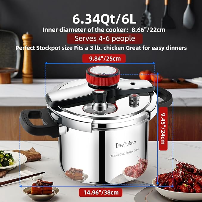 304 Stainless Steel Pressure Cooker 6 Quart Explosion-Proof Lock, One Hand Operation, Fast Cooking, Dishwasher Safe & Induction Compatible, Family Size Cookware PETERBOO