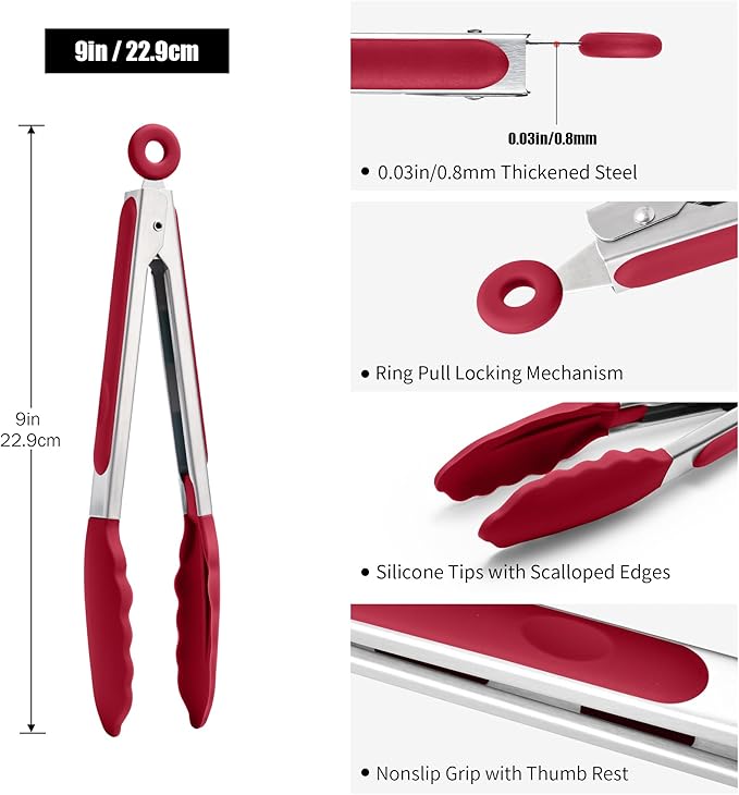 Doosu Kitchen Tongs for Cooking - 600째F Heat Resistant Food Tong with Non-Scratch Silicone Tips, Heavy Duty Stainless Steel Locking Tong for BBQ, Grilling Steak, Serving Salad, Pasta (9in, Red)