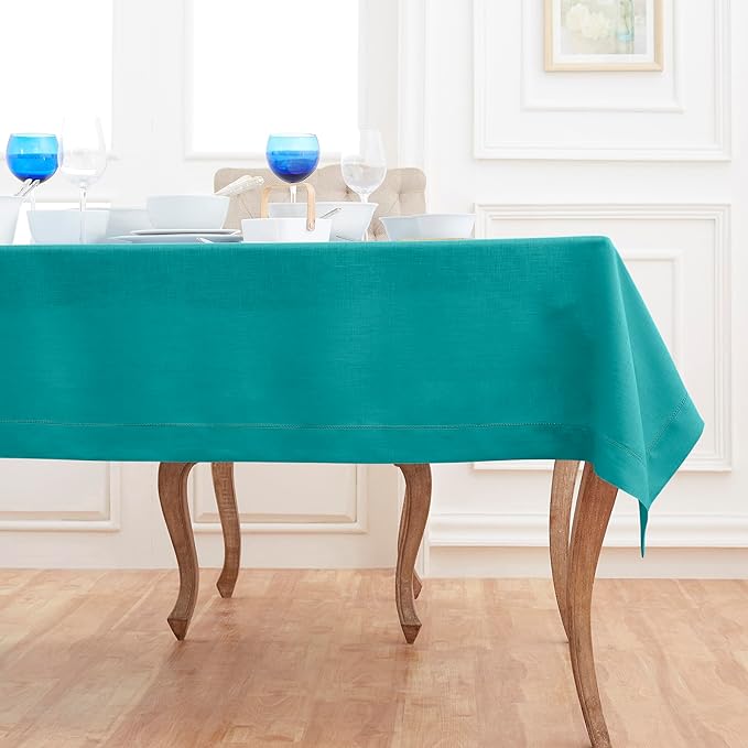Solino Home Linen Tablecloth 60 x 132 Inch - Classic Hemstitch 100% Pure Linen Teal Table Cloth for Rectangle Tables - Machine Washable Tablecloth