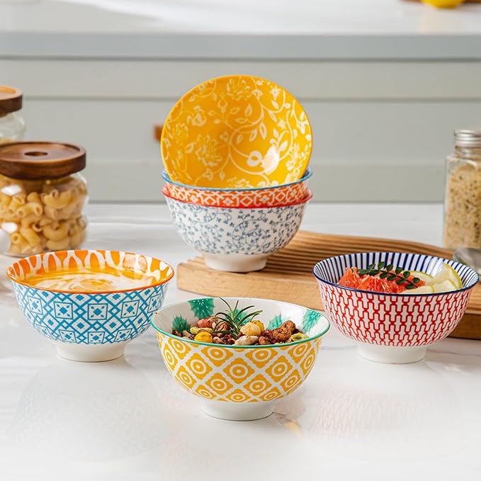 Cerkik Ceramic Dessert Bowls Set - Small 12 Oz Cereal Bowls - 4.75 Inch Ice Cream Bowls for Fruit, Snack, Side Dishes, Dipping Sauce - Microwave Dishwasher Safe - Set of 6 - Assorted Colors