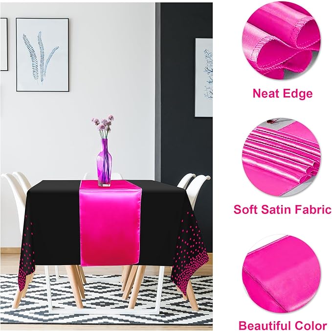 MASHAN 16Pack Disposable Plastic Party Tablecloths and Satin Table Runner Set - Black Hot Pink Dot - Wedding, Birthday, Baby Shower, Anniversary, Holiday Party Decorations