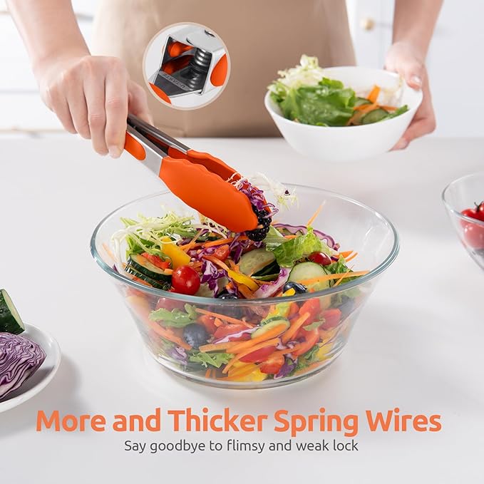 600쨘F Heat Resistant Kitchen Tong: U-Taste 7 inch Silicone Cooking Tong with Firm Sealed Non Stick Rubber Tips & Silicon Coated 18/8 Stainless Steel Handle & Smooth Locking for Serving Salad (Orange)