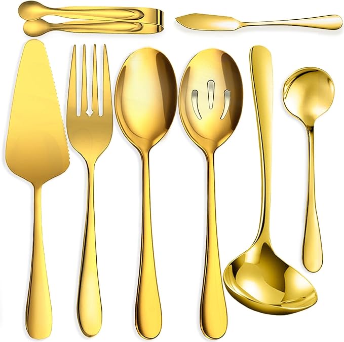 8 PCS Stainless Steel Serving Utensils, Large Serving Spoons Slotted Spoons, Forks, Ice Suger Tongs, Cake Server, Soup Ladle, Metal Utensils Set Great for Buffet Catering Banquet Party, Gold
