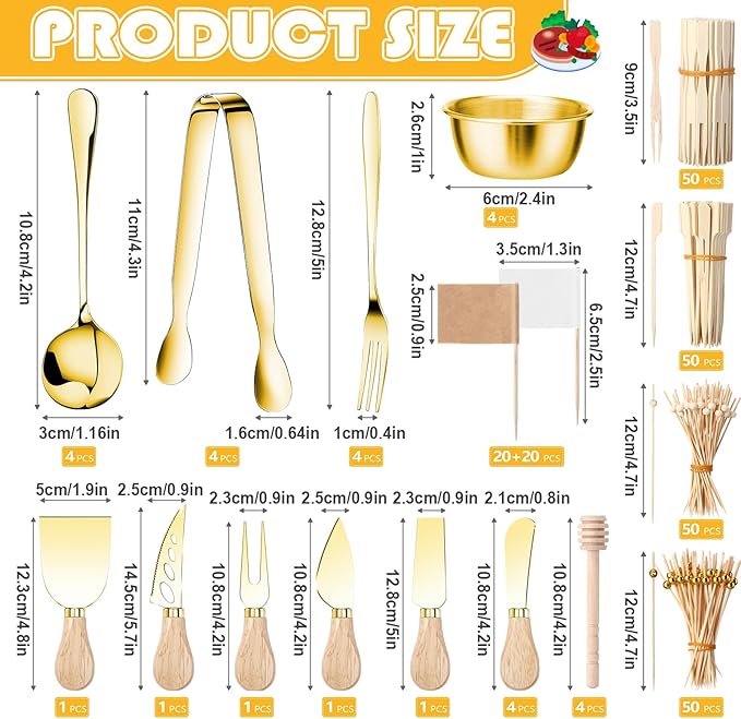 270 Pcs Charcuterie Board Accessories Cheese Butter Spreader Knife Set Butcher Paper Roll Serving Tongs Forks Spoons Dipping Bowls Dippers Cocktail Picks for Party Wedding Christmas (Gold)